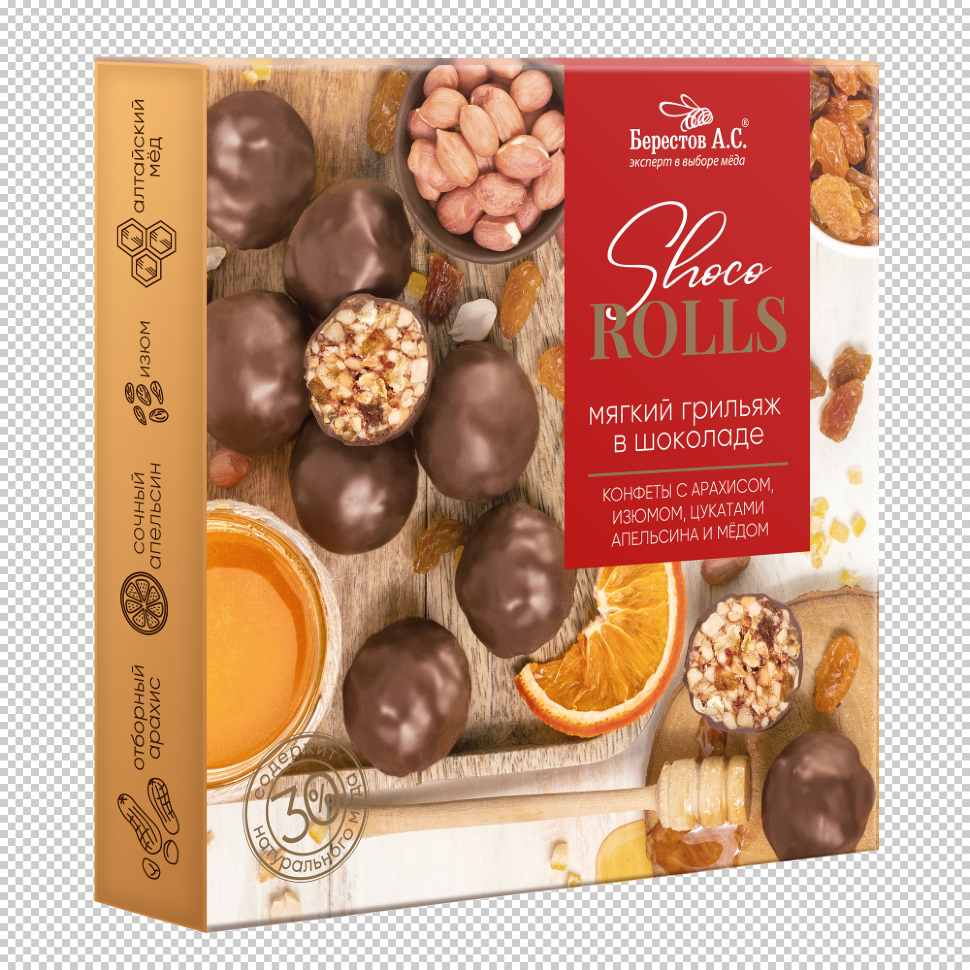  Берестов Shoco Rolls конфеты с арахисом, изюмом, цукатами апельсина и медом,  135г в Киселёвске